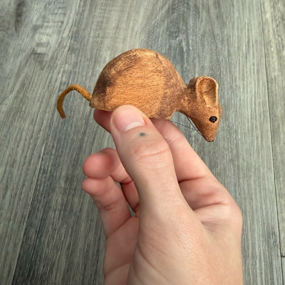 Vintage Brown Wooden Mouse Sculpture